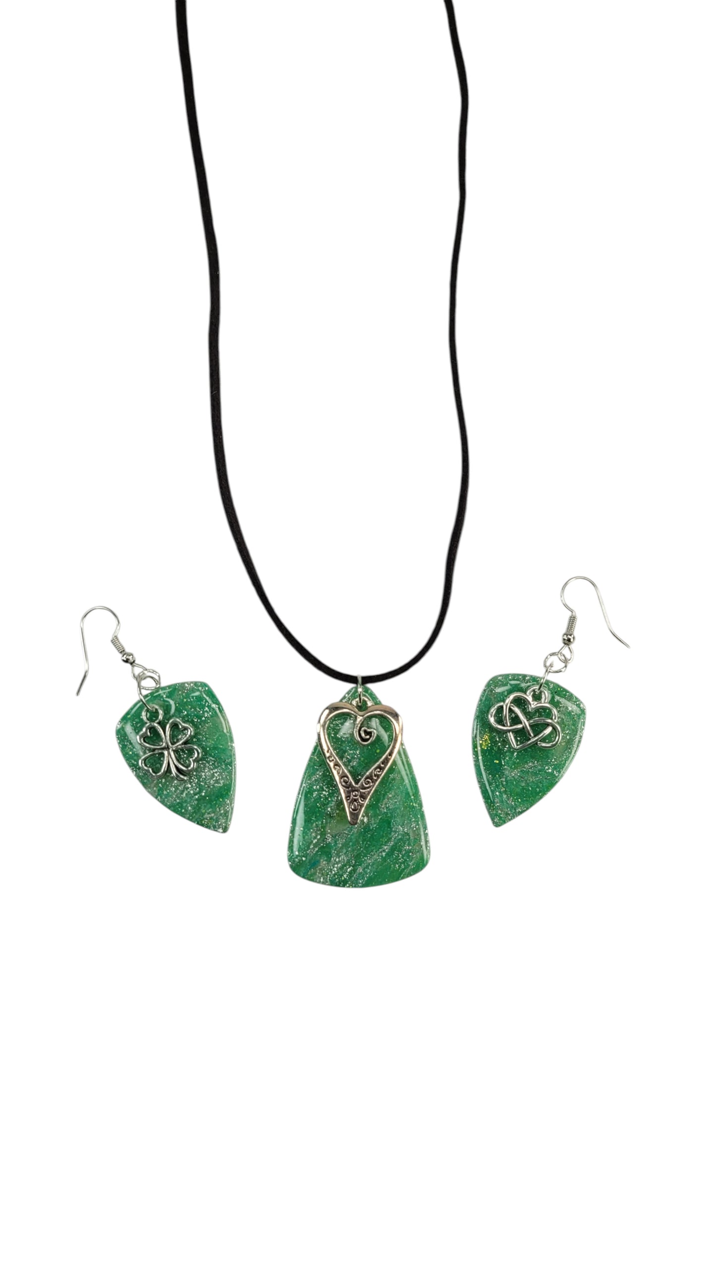 Unique green SET with 3 different charms Necklace and Earrings