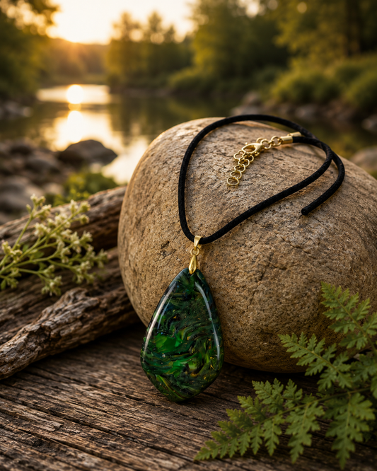 Deep emerald green, smoky charcoal, mossy olive Necklace