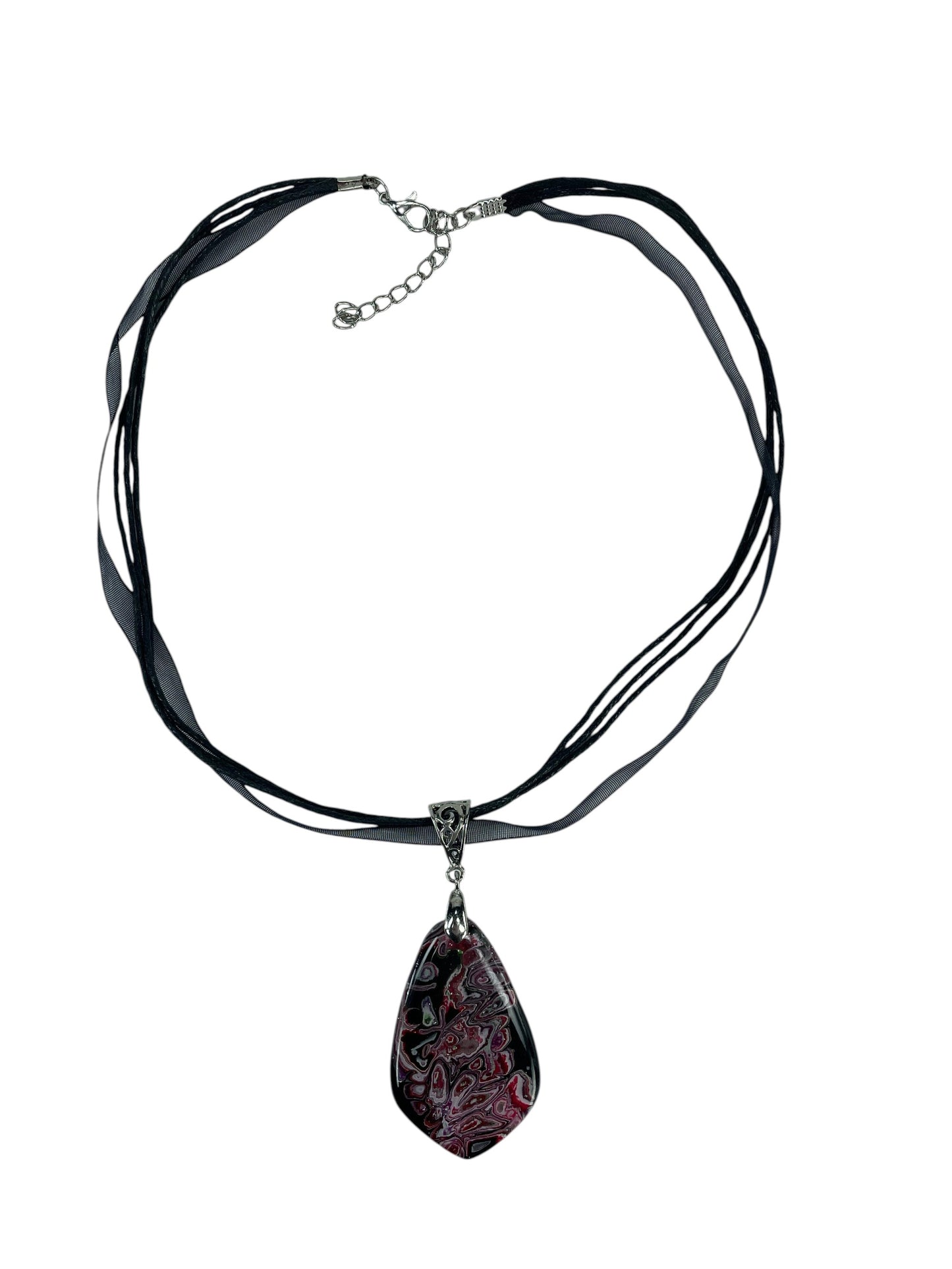 Rich shades of raspberry, burgundy, plum, soft silver-gray, and deep black Necklace