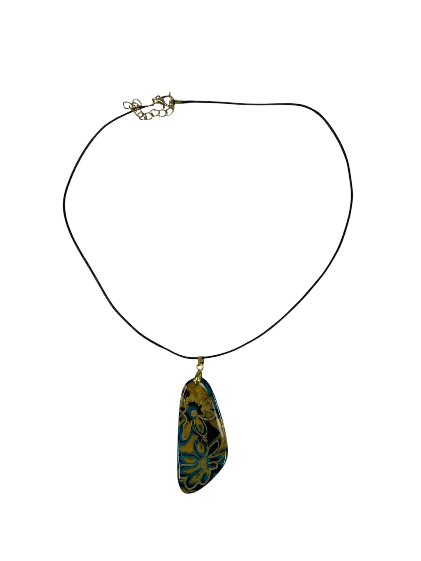 Bold floral-inspired patterns in vivid turquoise blue, warm gold Necklace