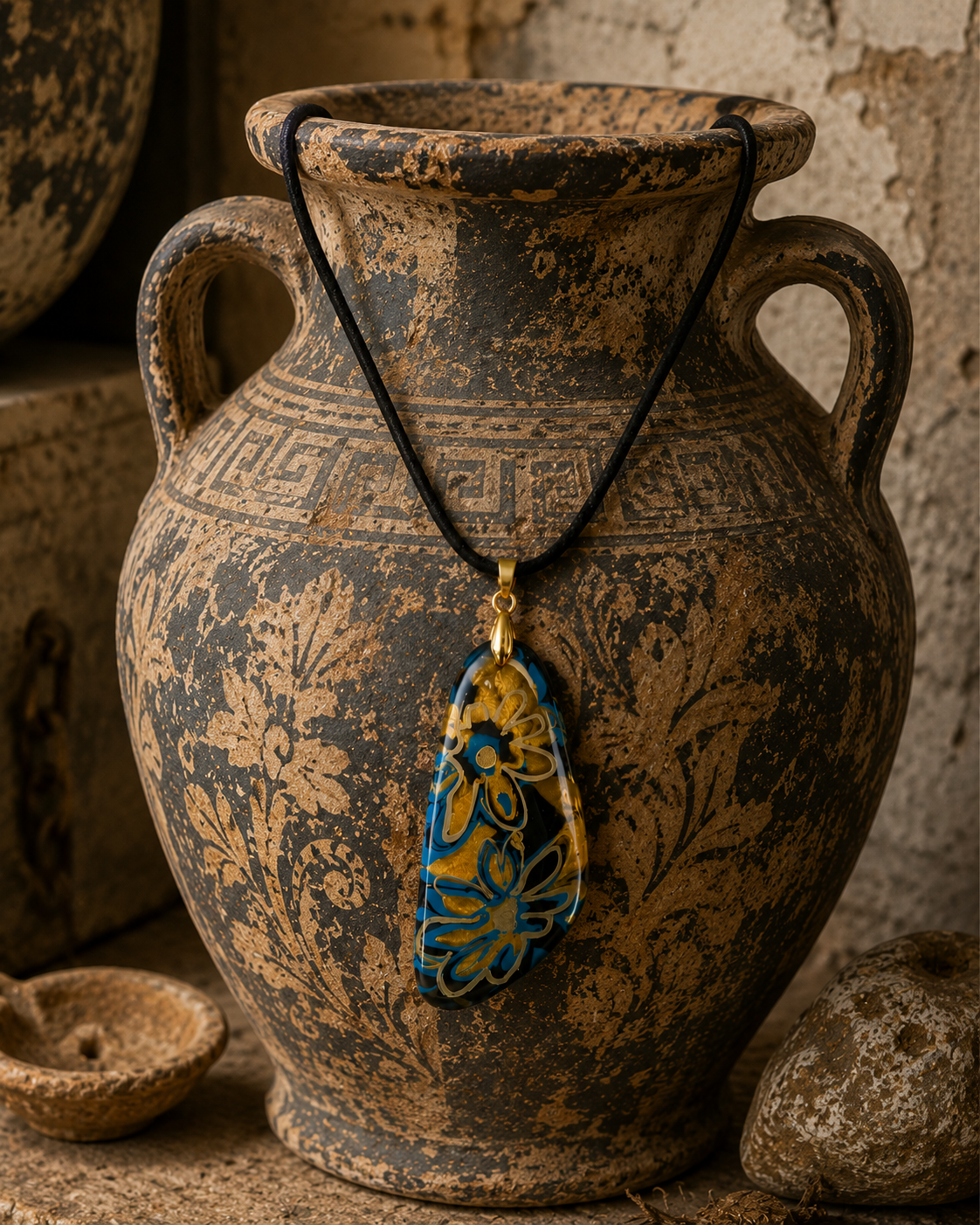 Bold floral-inspired patterns in vivid turquoise blue, warm gold Necklace