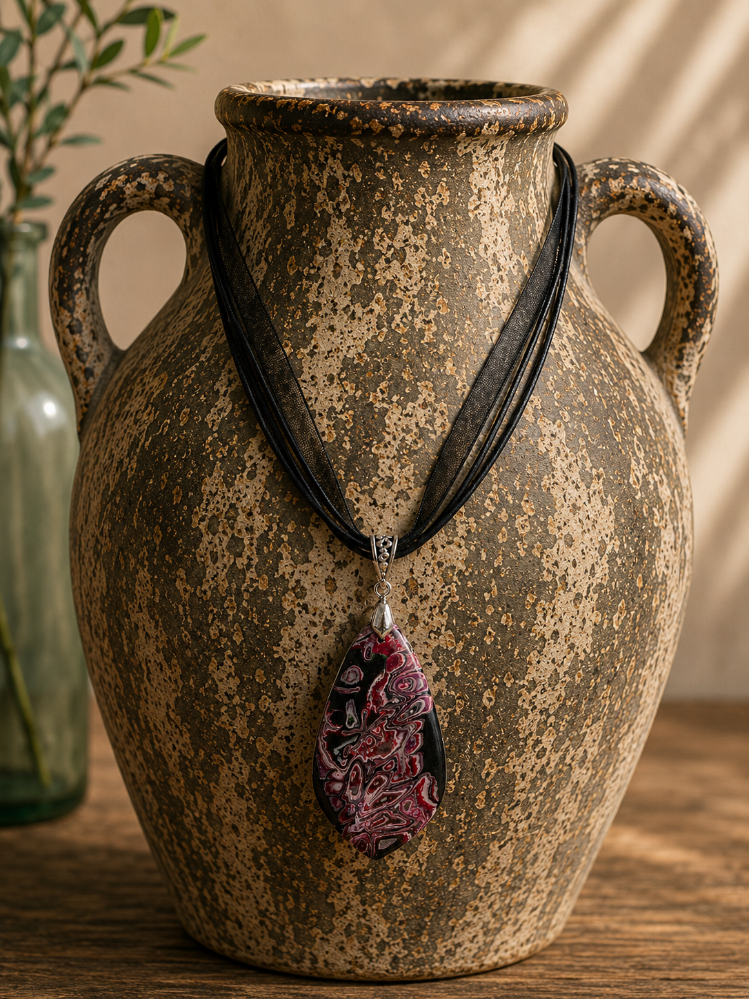 Rich shades of raspberry, burgundy, plum, soft silver-gray, and deep black Necklace