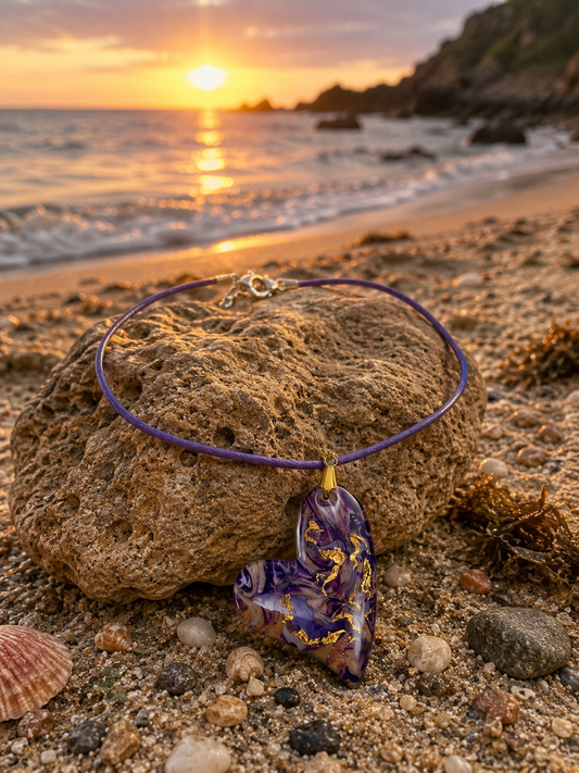 Heart-shaped DOUBLE-sided  in deep violet, lavender, smoky pearl Necklace