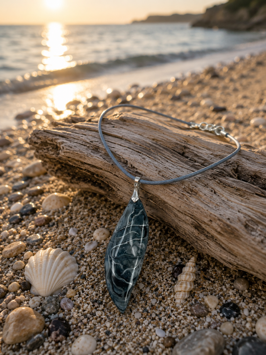 Leaf-shaped, swirls of smoky charcoal, silver-gray, deep graphite Necklace