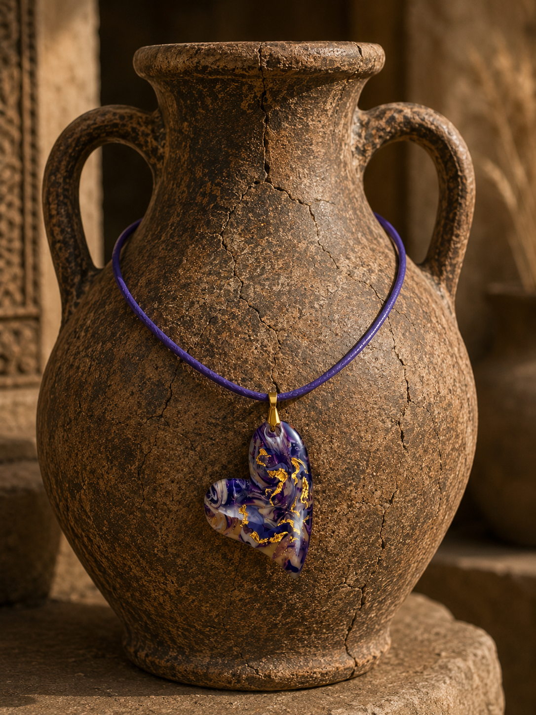 Heart-shaped DOUBLE-sided  in deep violet, lavender, smoky pearl Necklace