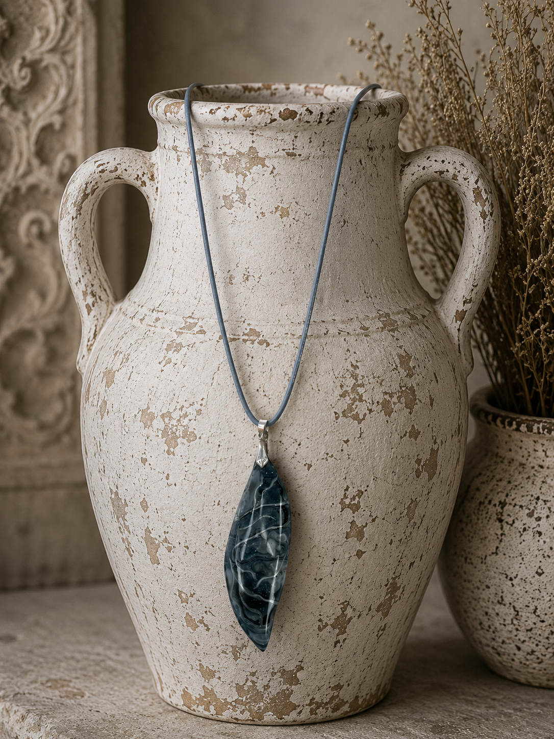 Leaf-shaped, swirls of smoky charcoal, silver-gray, deep graphite Necklace