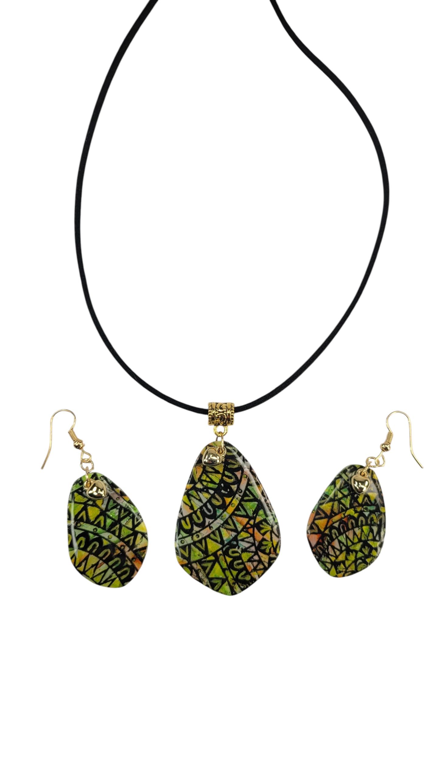 Green, gold and earthy orange tribal pattern Necklace and Earrings SET