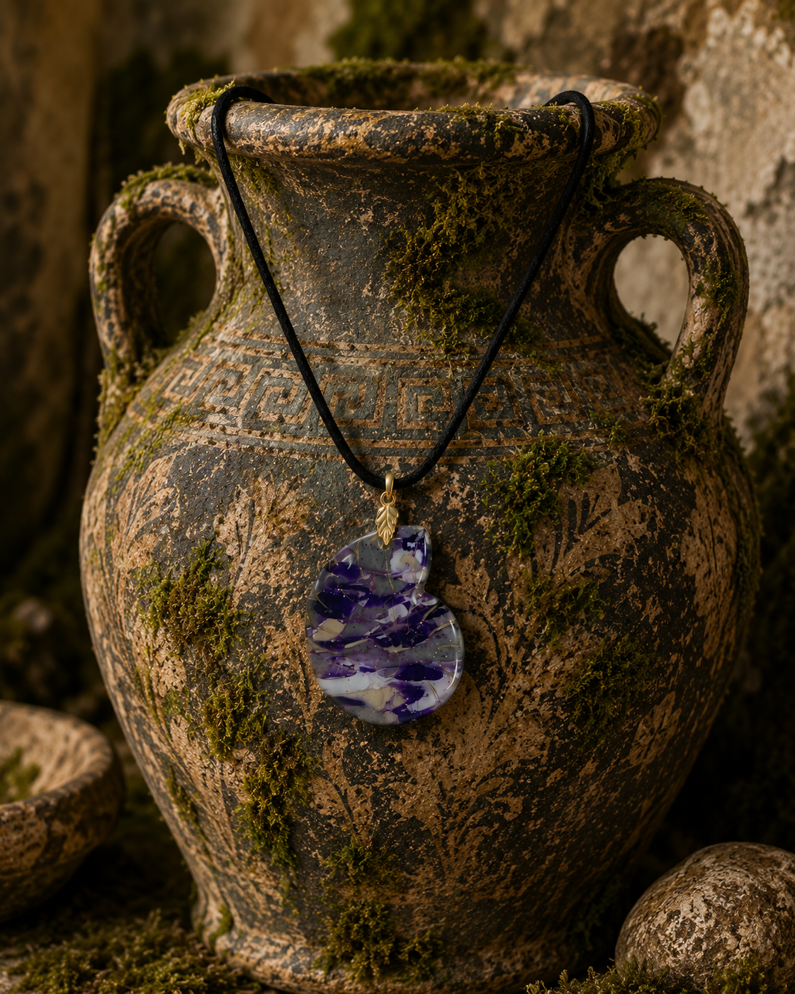 Shell marbled shades of deep violet, smoky charcoal, silver-gray, and pearl white Necklace