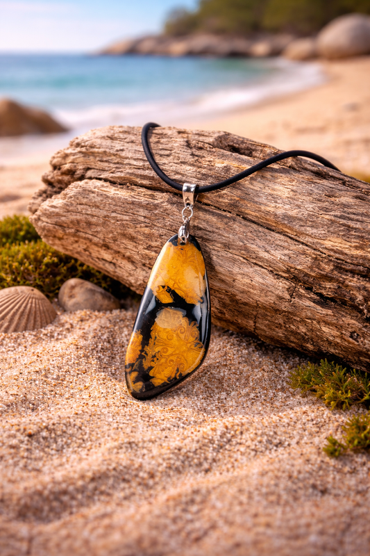 Earthy-metallic-toned striking pendant on black Necklace