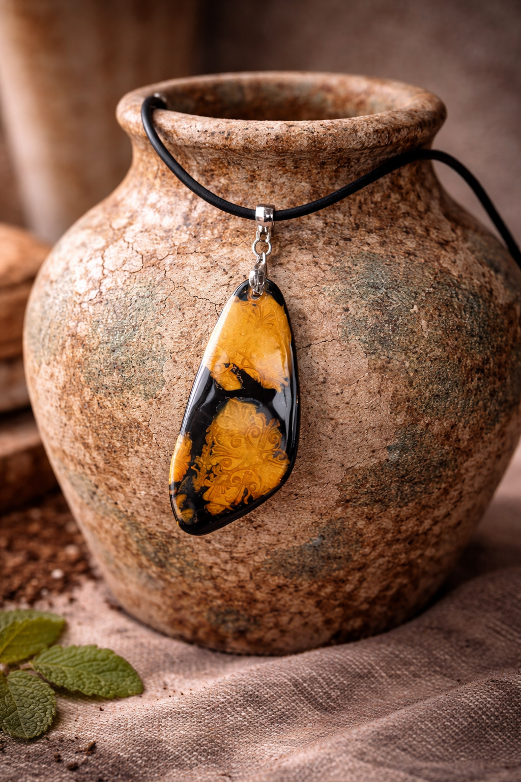 Earthy-metallic-toned striking pendant on black Necklace