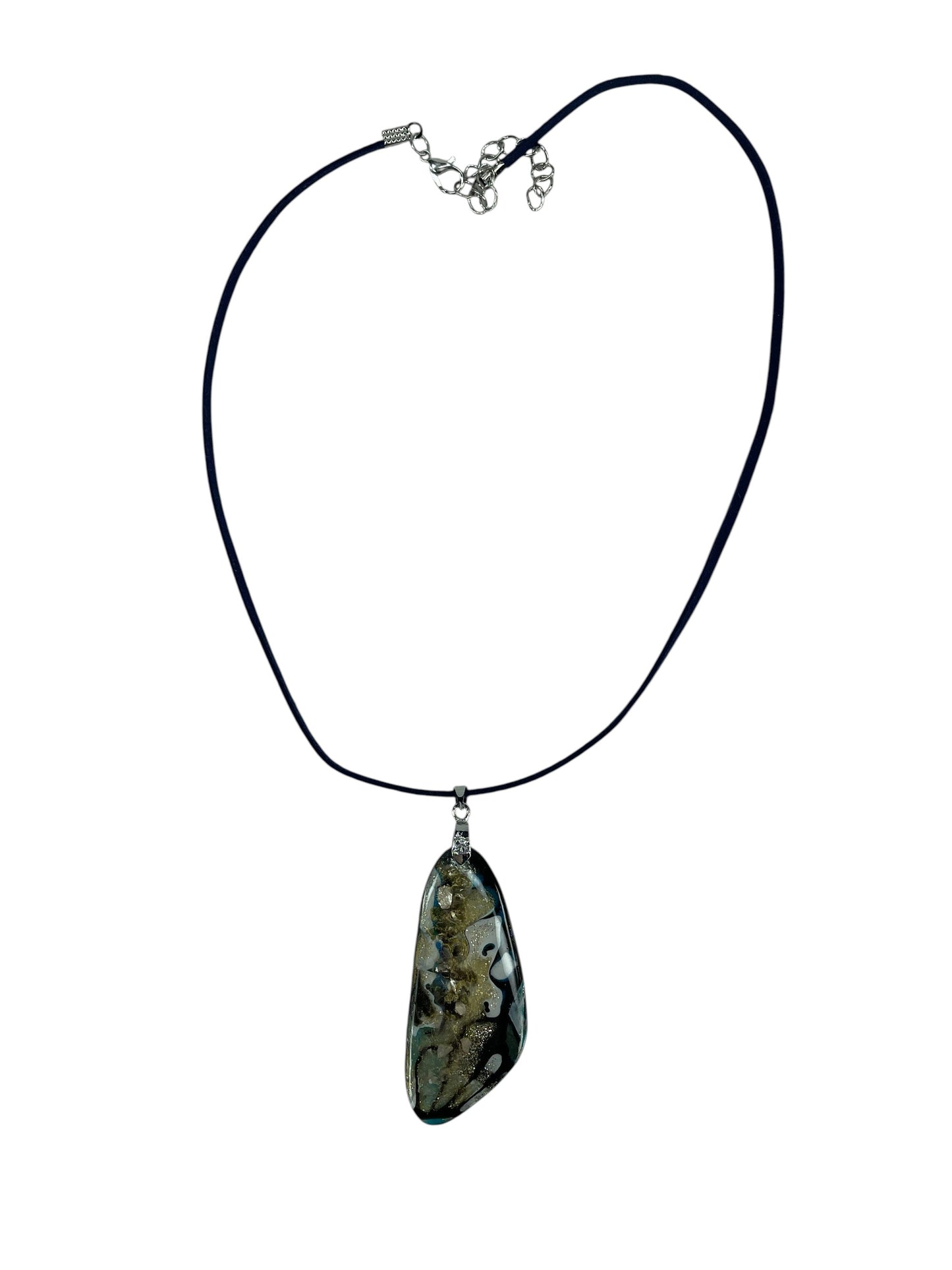 Striking asymmetrical pendant, midnight blue, smoky charcoal, soft ivory, mossy olive, and shimmering gold Necklace