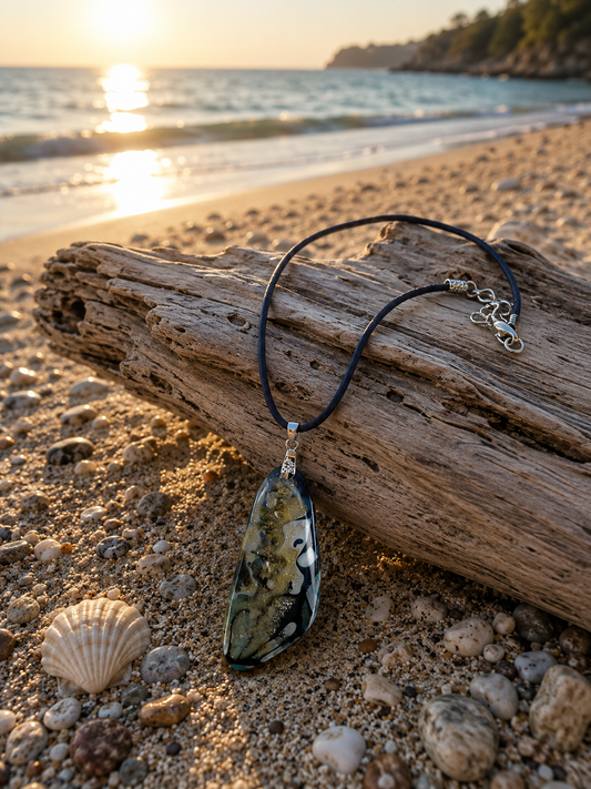 Striking asymmetrical pendant, midnight blue, smoky charcoal, soft ivory, mossy olive, and shimmering gold Necklace