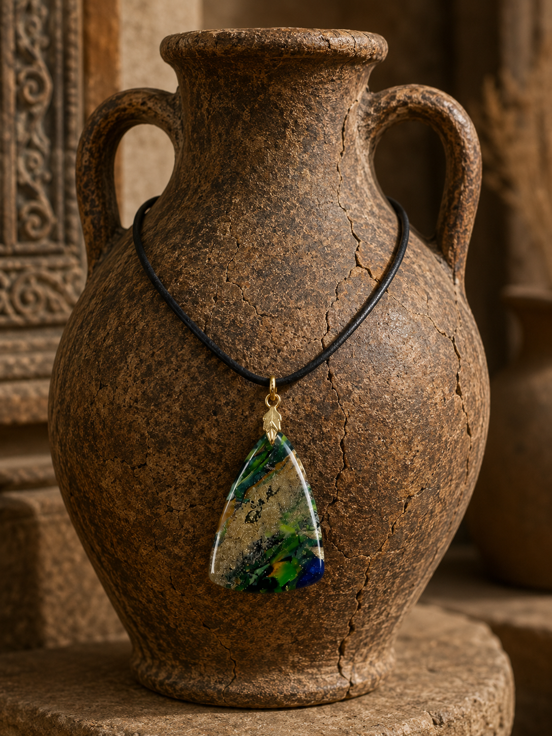 Earthy pendant with moss green, deep forest emerald, muted gold Necklace