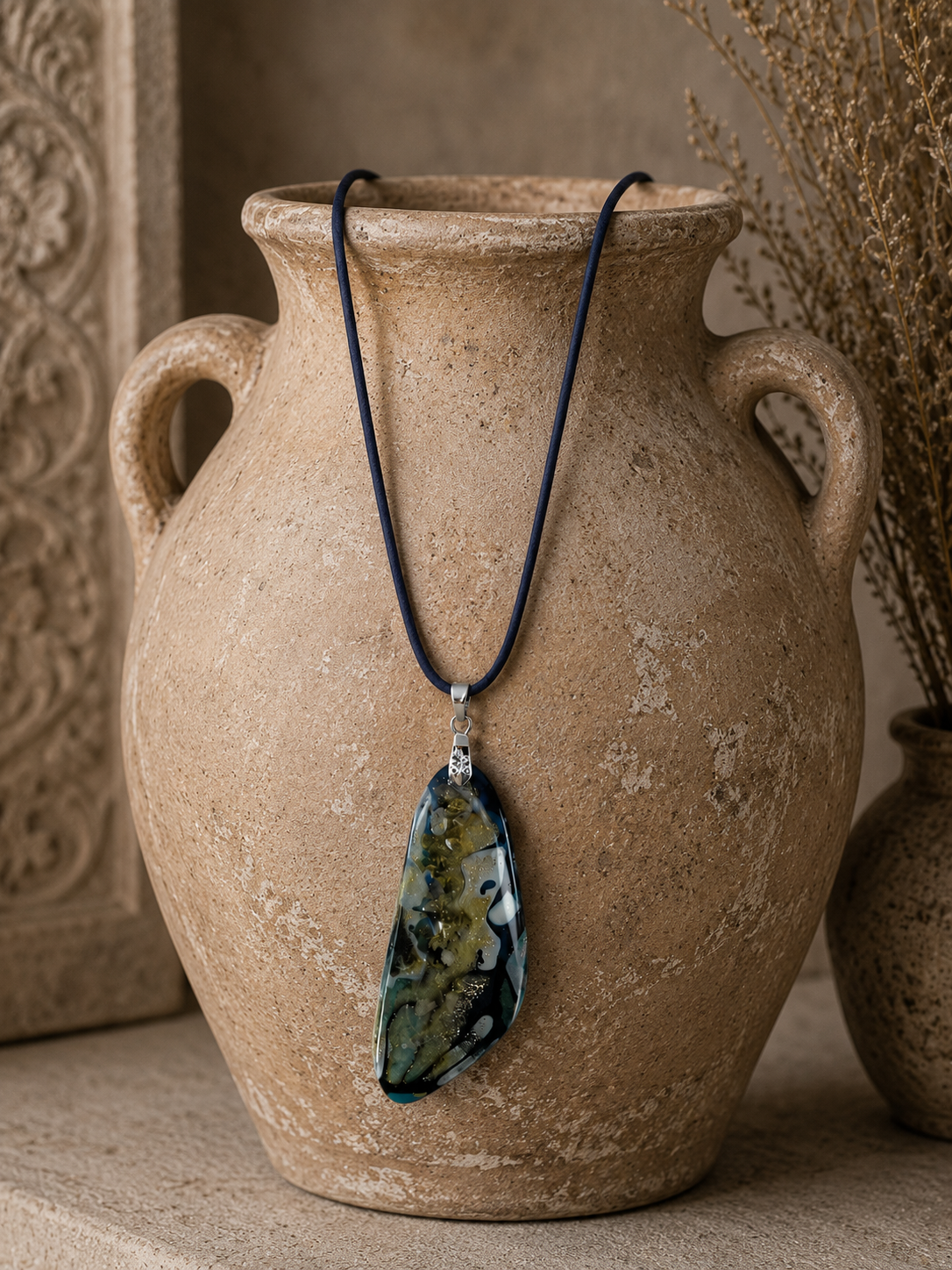 Striking asymmetrical pendant, midnight blue, smoky charcoal, soft ivory, mossy olive, and shimmering gold Necklace