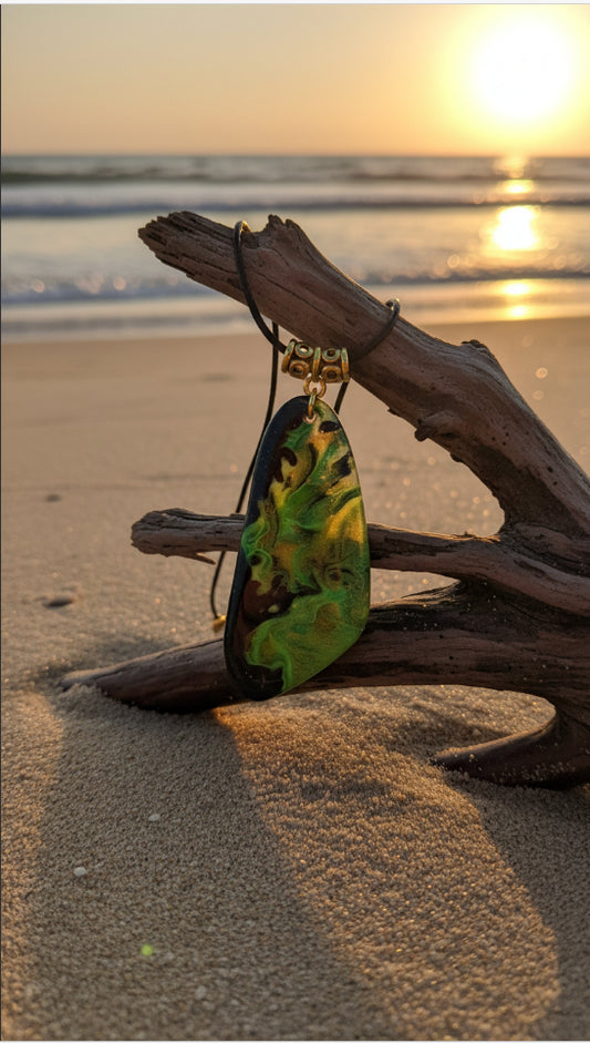 Bright greens on a glossy black background Necklace