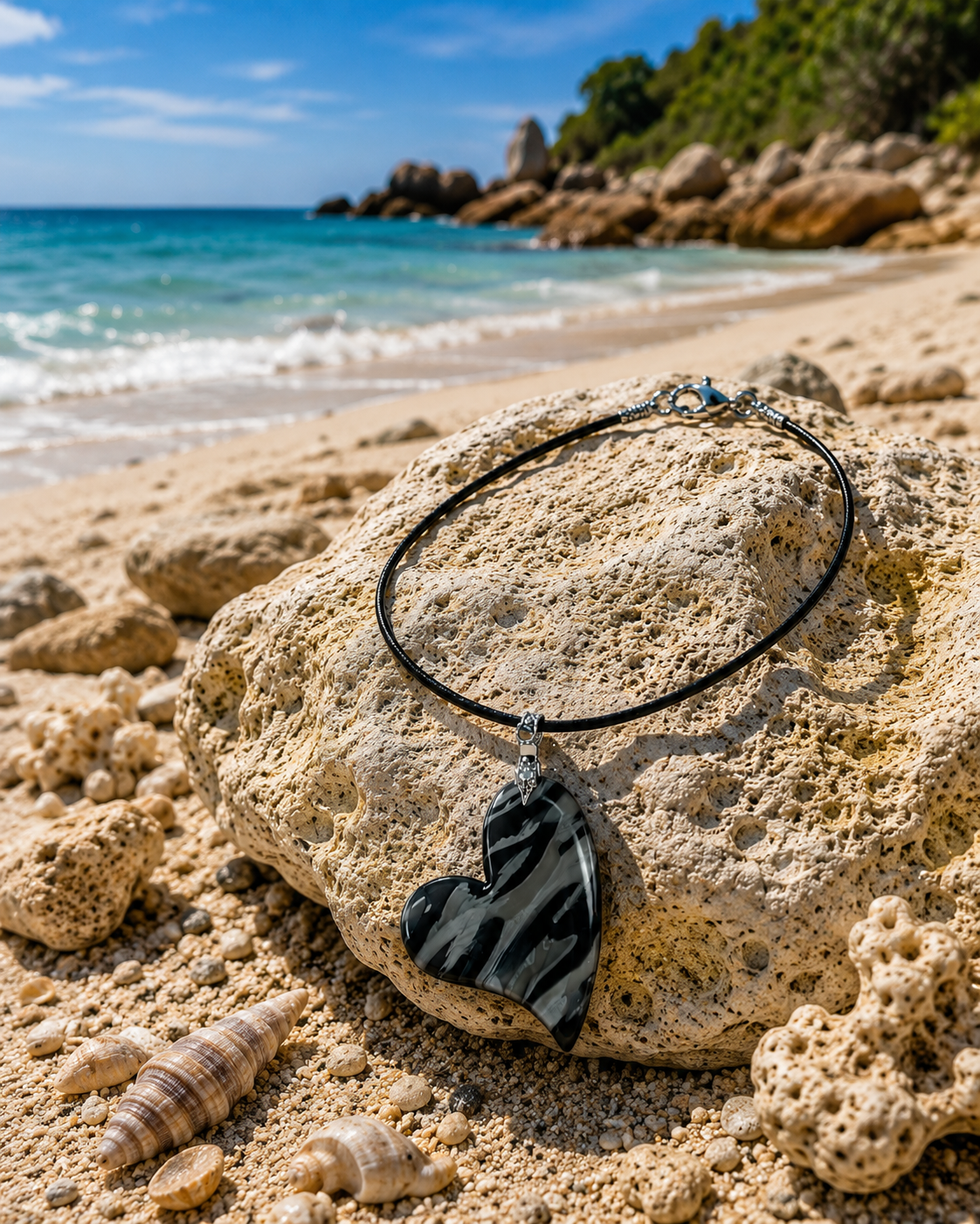 Marbled layers of smoky charcoal, silver-gray, soft pearl white, and deep black Necklace