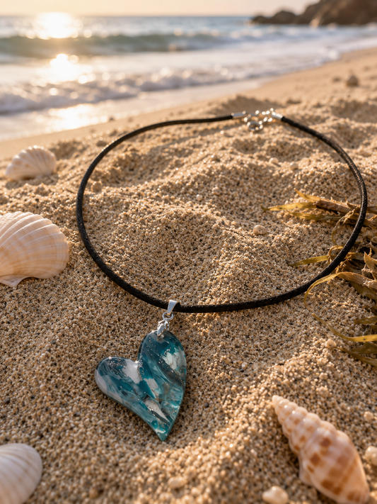 Heart-shaped DOUBLE-sided pendant with shades of turquoise, aqua, white Necklace