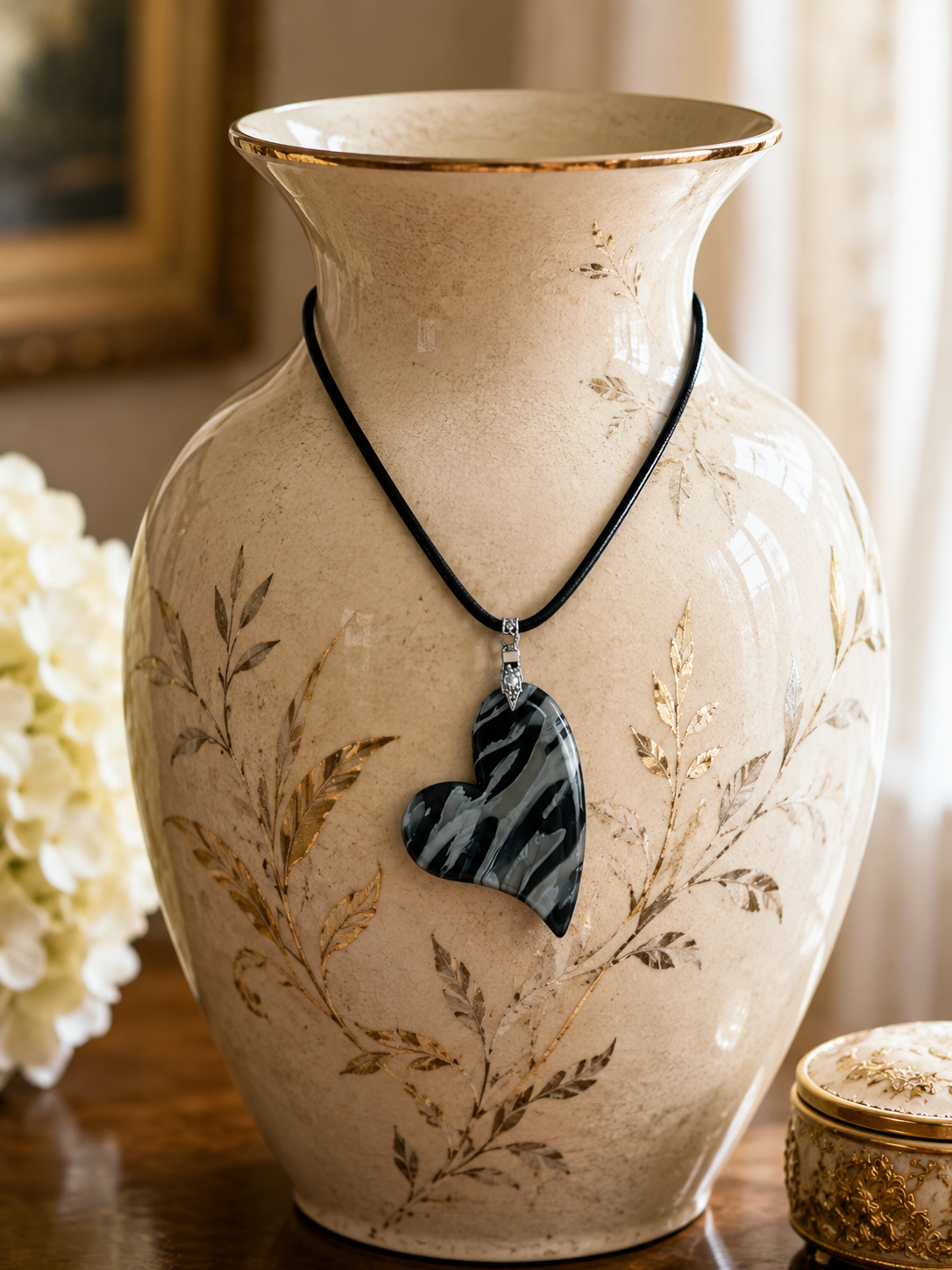 Marbled layers of smoky charcoal, silver-gray, soft pearl white, and deep black Necklace