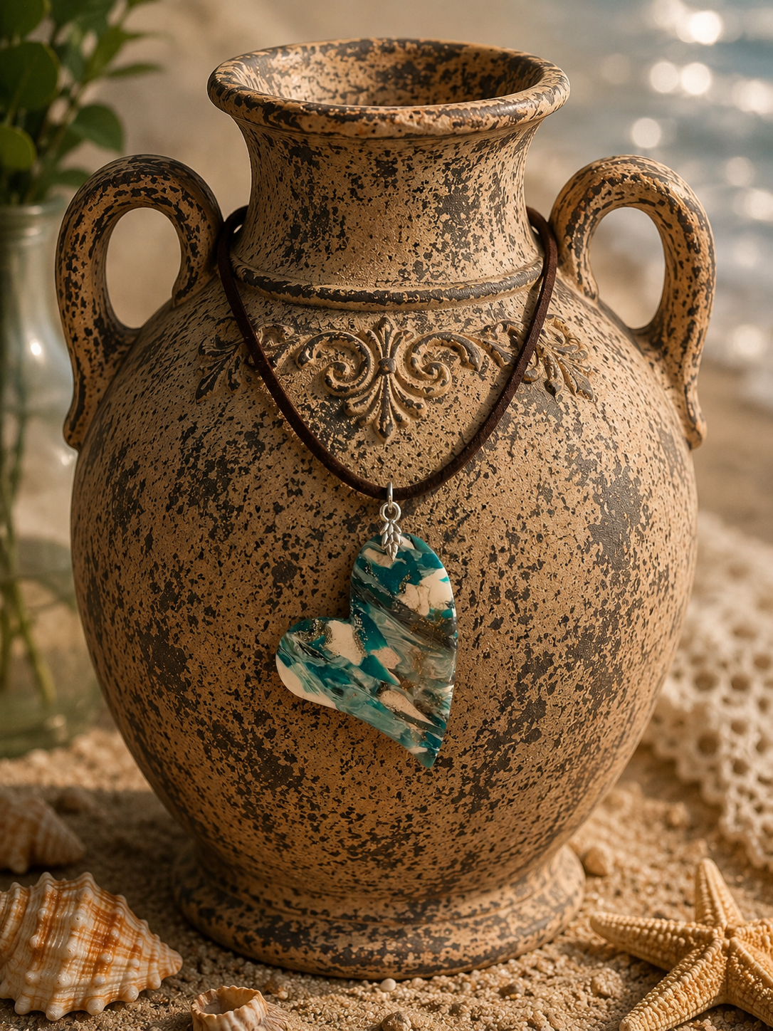 Heart-shaped DOUBLE-sided pendant with shades of turquoise, aqua, white Necklace