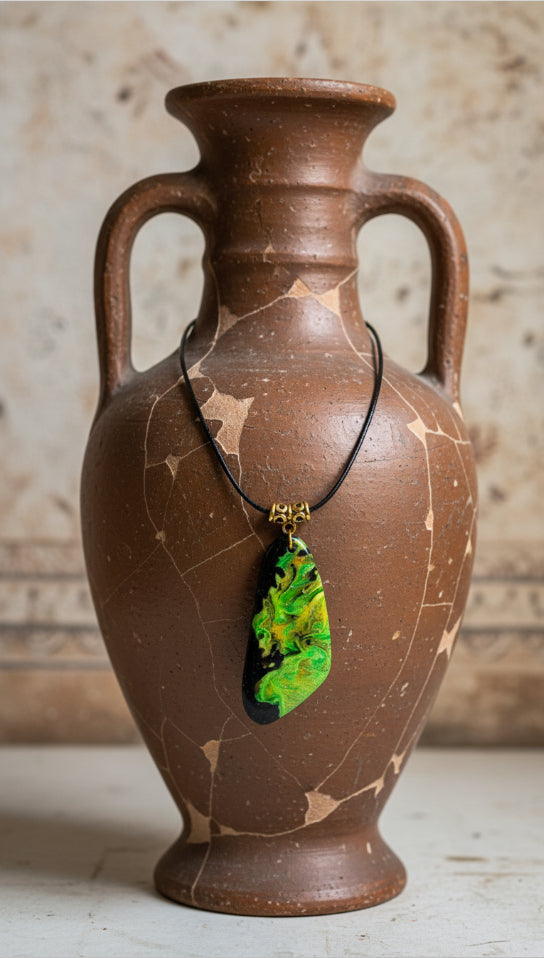 Bright greens on a glossy black background Necklace
