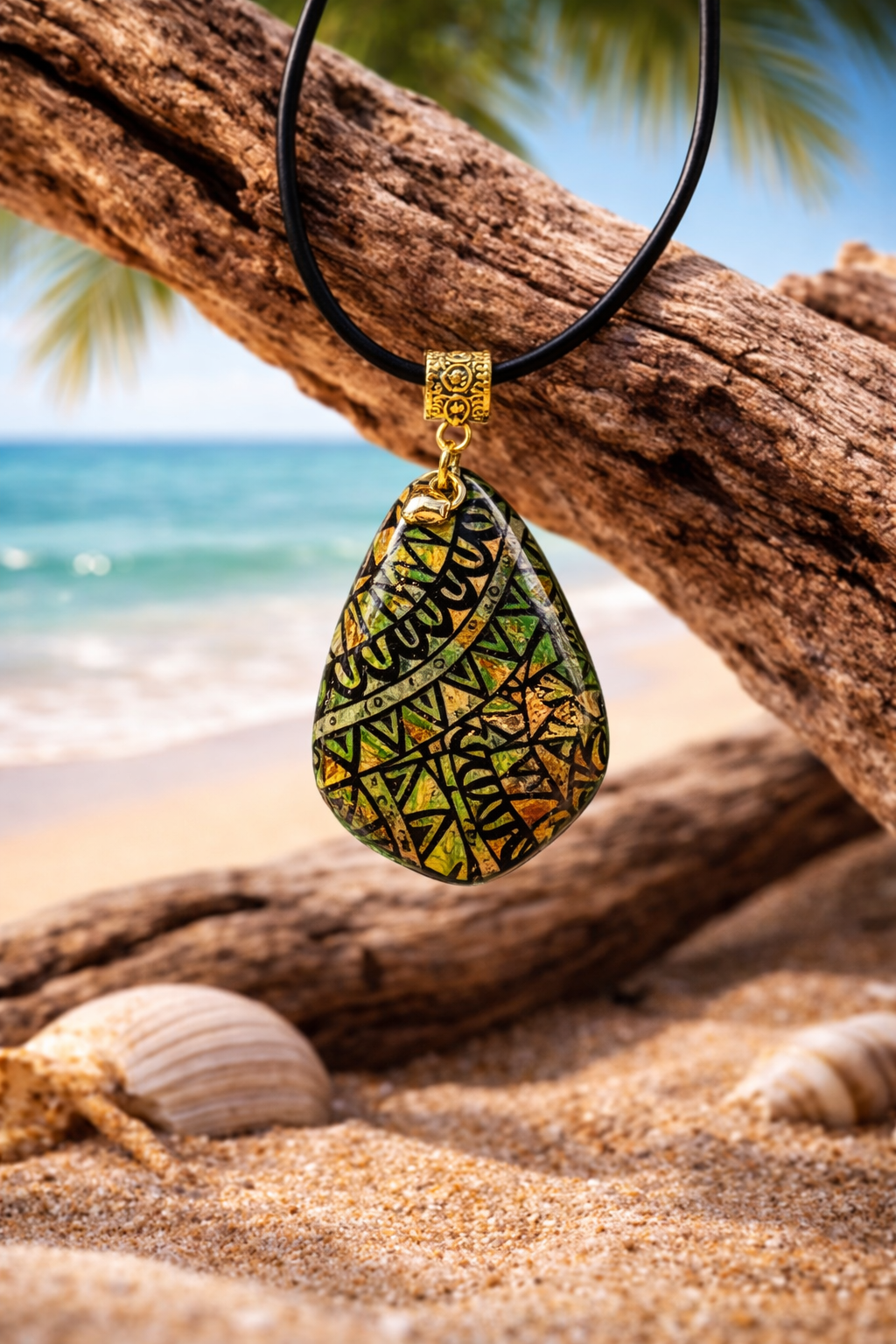 Green, gold and earthy orange tribal pattern Necklace and Earrings SET