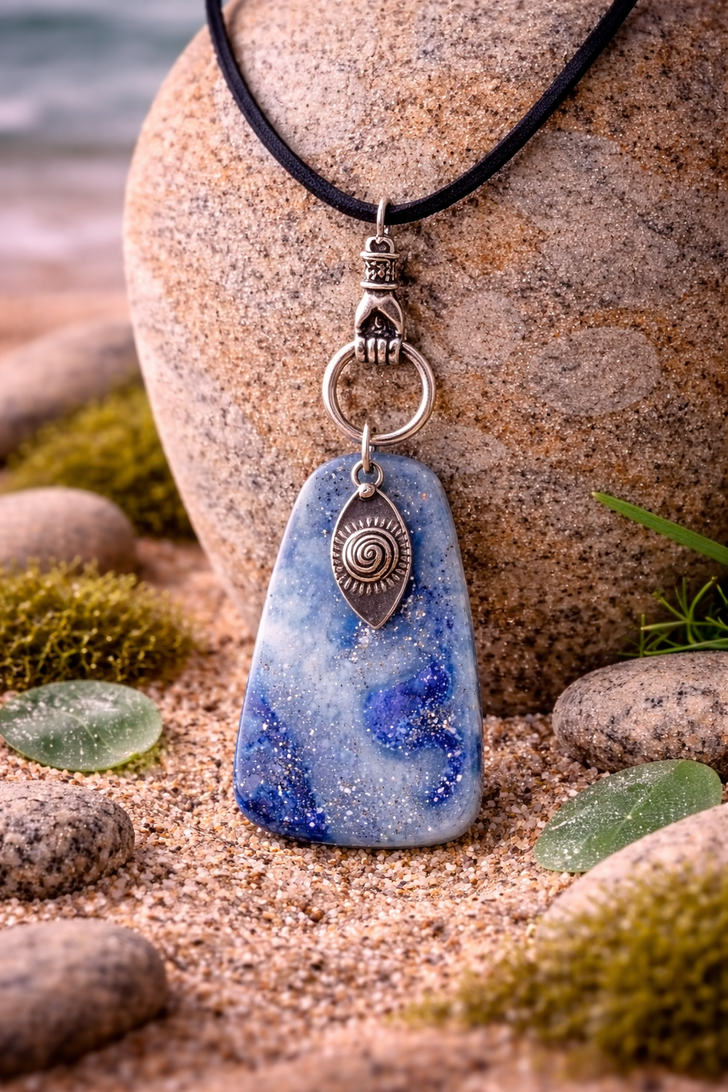 Blue and white pendant on unique bail Necklace