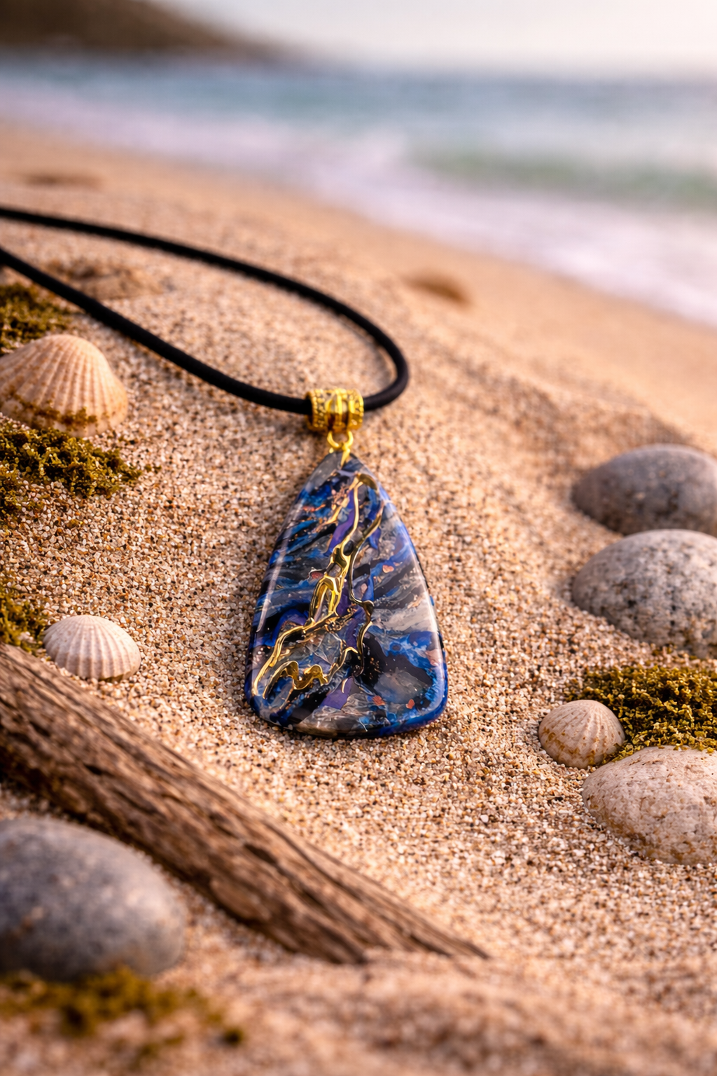 Layers of deep blue, slate, and soft metallic Necklace