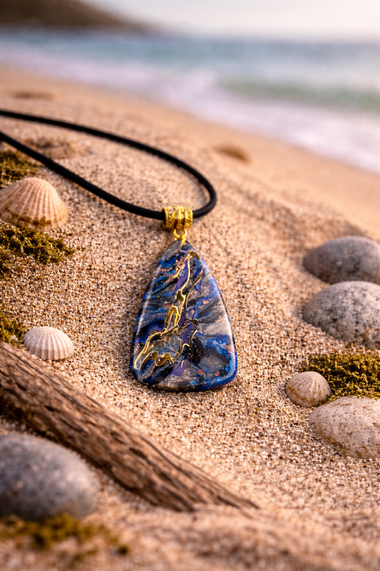 Layers of deep blue, slate, and soft metallic Necklace