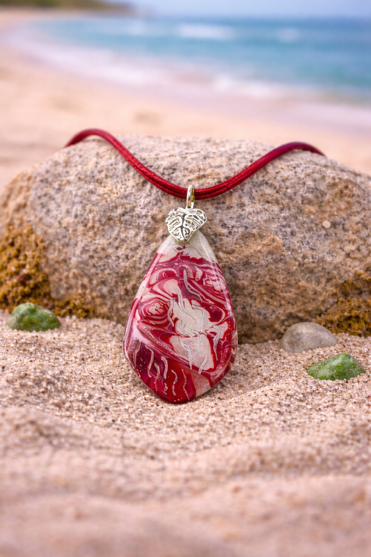Rich crimson swirls with soft ivory and hints of silvery light Necklace