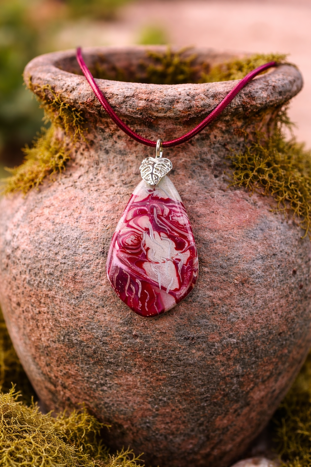 Rich crimson swirls with soft ivory and hints of silvery light Necklace