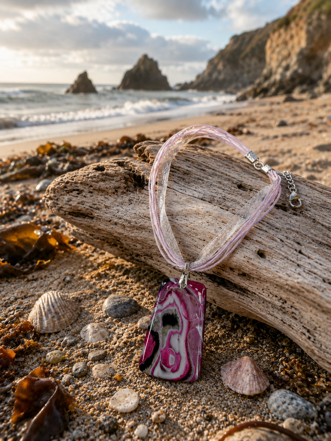 Flowing marbled layers of raspberry pink, soft blush and smoky charcoal Necklace