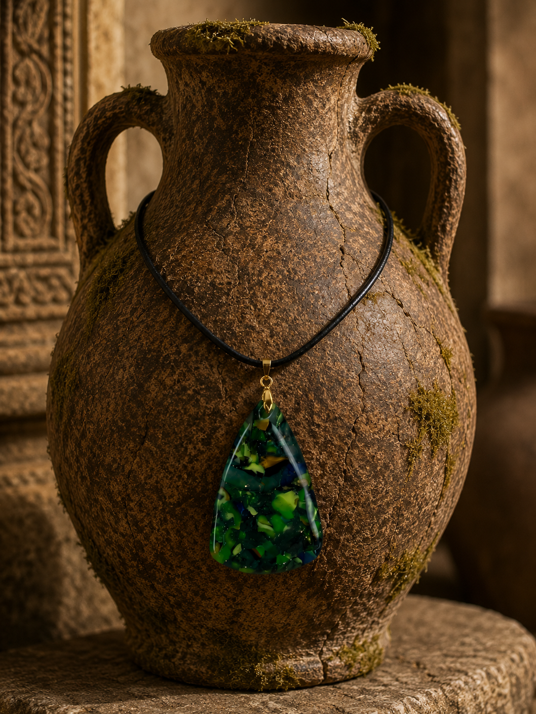 Deep forest with emerald green, moss, jade and blue Necklace