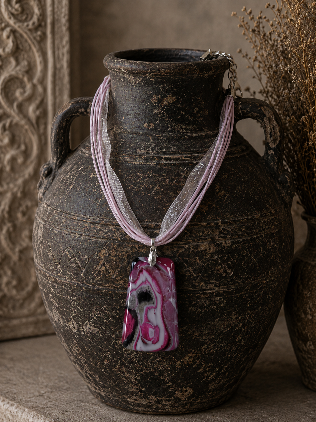 Flowing marbled layers of raspberry pink, soft blush and smoky charcoal Necklace