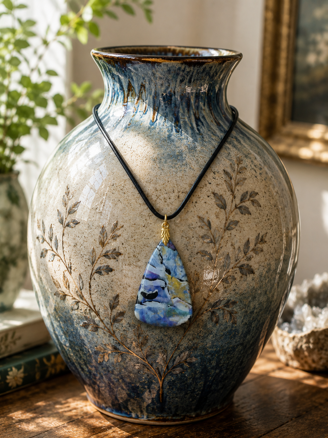 Graceful triangular pendant, marbled shades of icy blue, misty gray, soft lavender Necklace