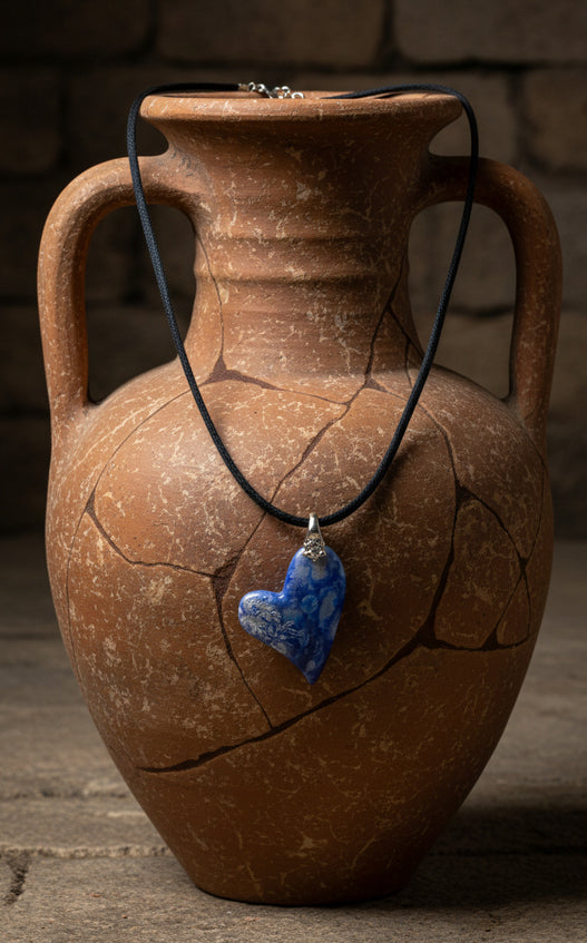 Domed deep and gentle blue swirl through the heart-shaped Necklace