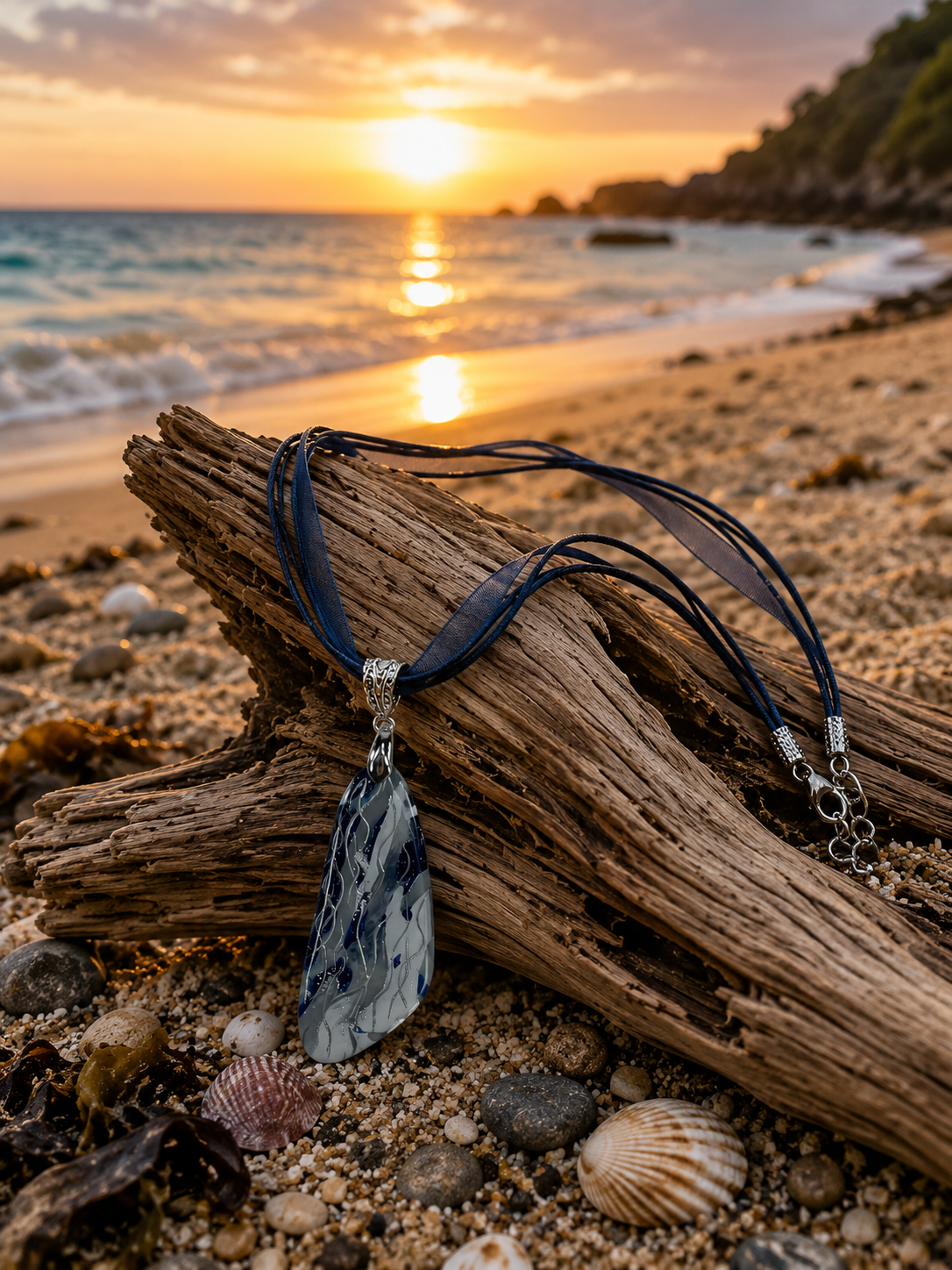 Flowing navy, silver, and smoky pearl DOUBLE-sided Necklace