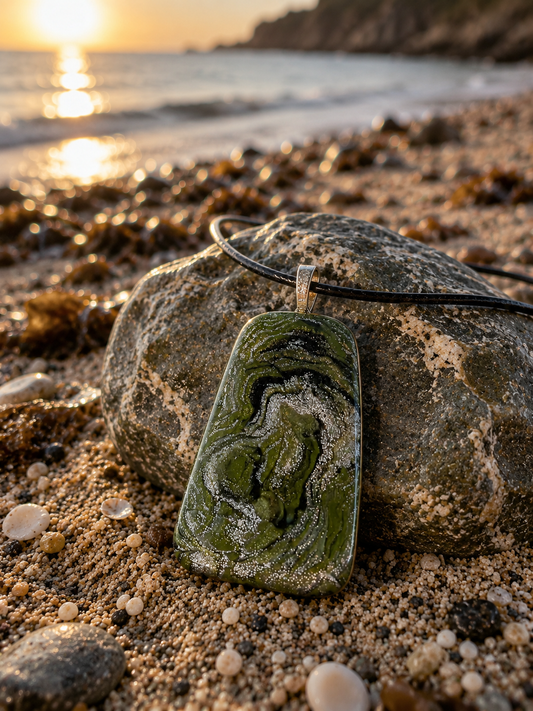 Swirling olive, moss, charcoal, and shimmering silver Necklace