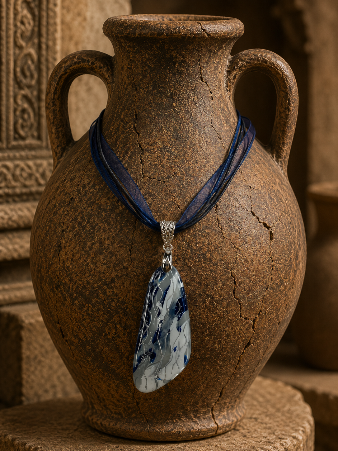 Flowing navy, silver, and smoky pearl DOUBLE-sided Necklace