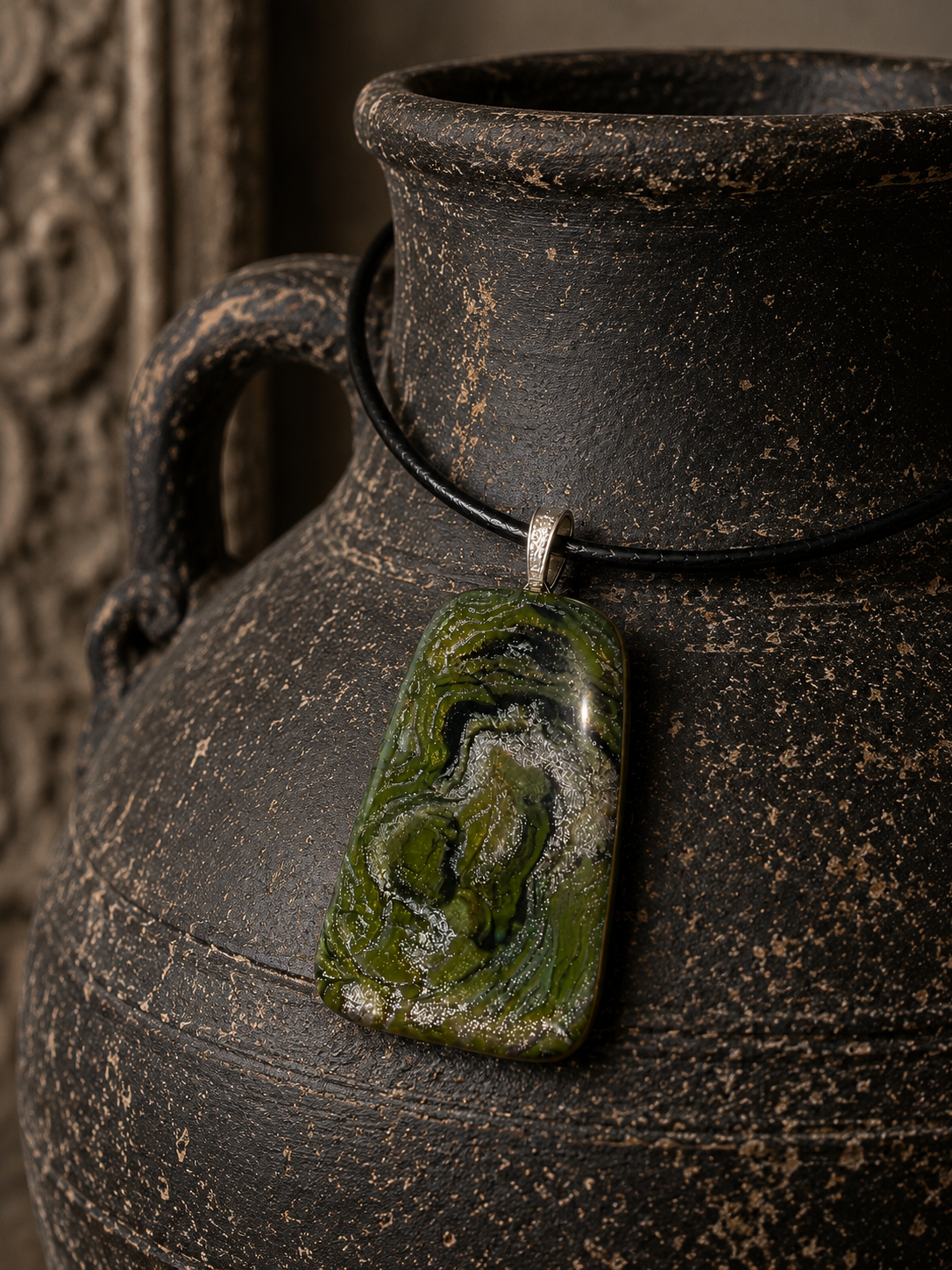 Swirling olive, moss, charcoal, and shimmering silver Necklace