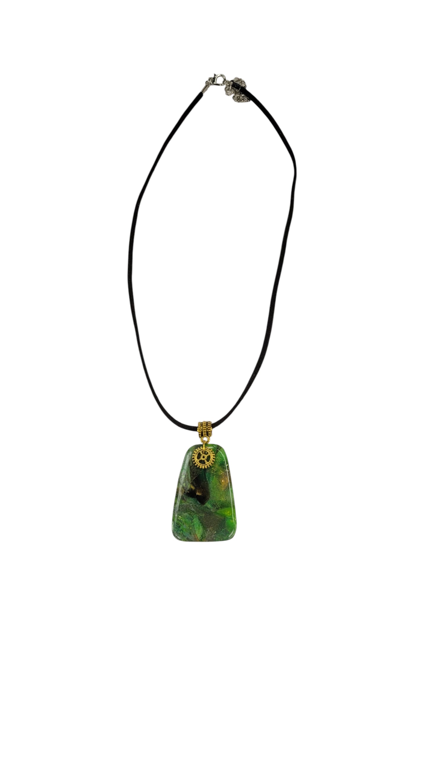 Emerald and mossy green swirl with a small golden gear charm Necklace