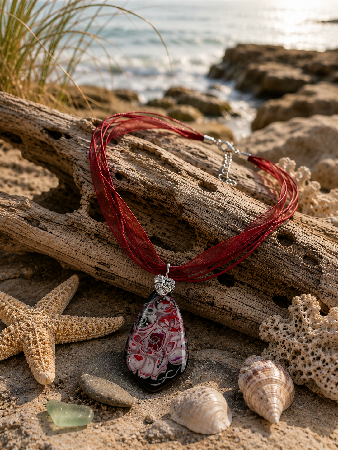 Flowing shades of crimson, ruby, soft pink, silver, and black Necklace