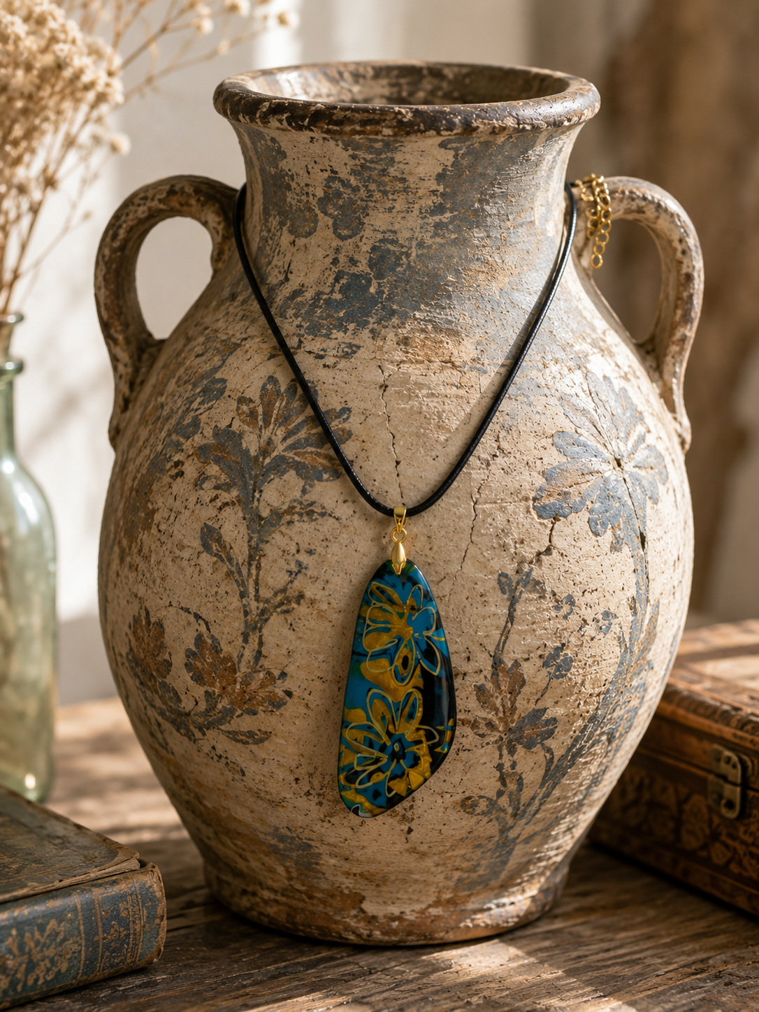 Bold floral-inspired patterns in turquoise blue and warm golden Necklace