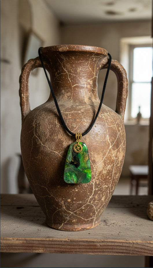 Emerald and mossy green swirl with a small golden gear charm Necklace