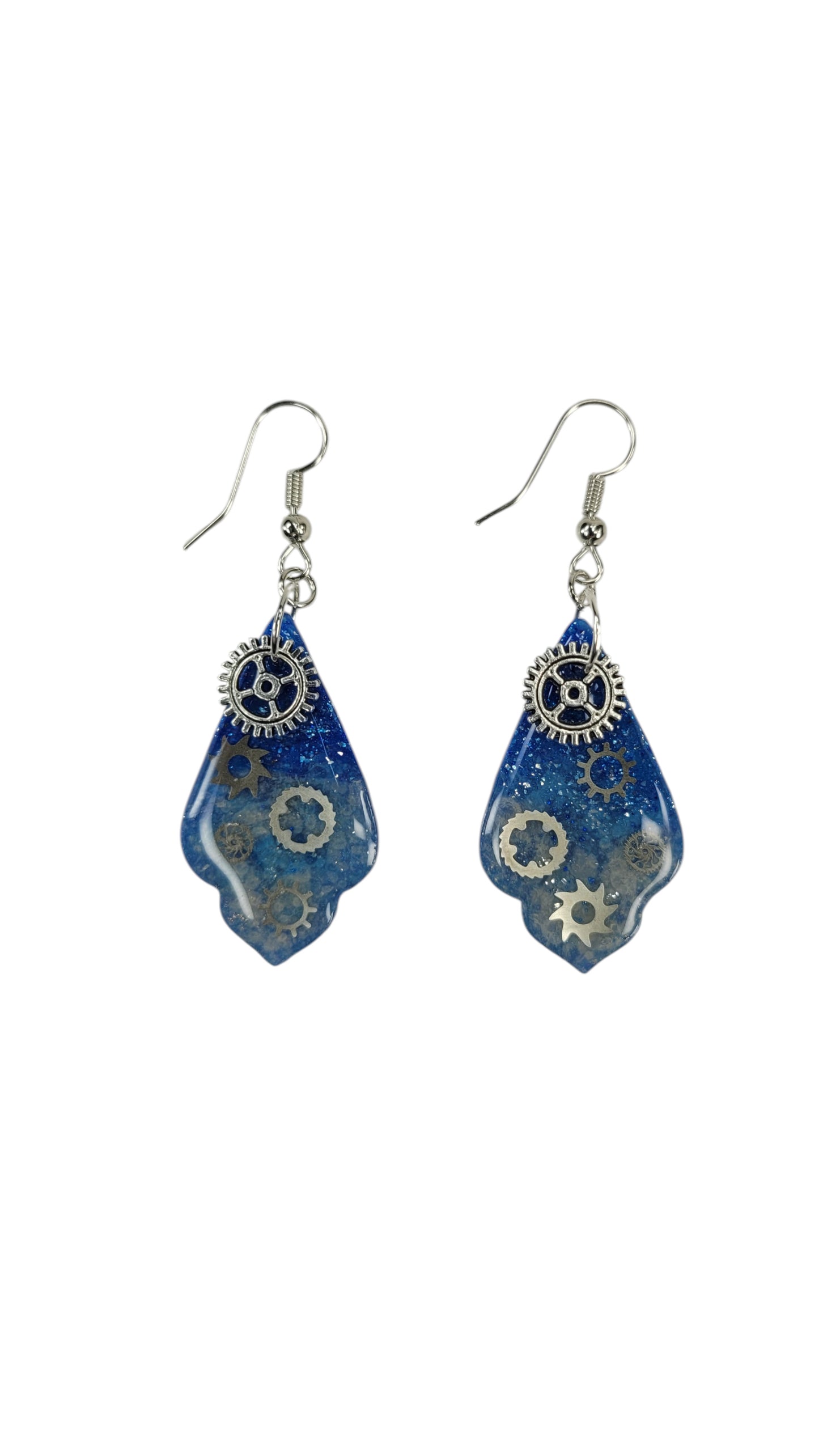 Softly pointed petal-like Earrings with gear charms
