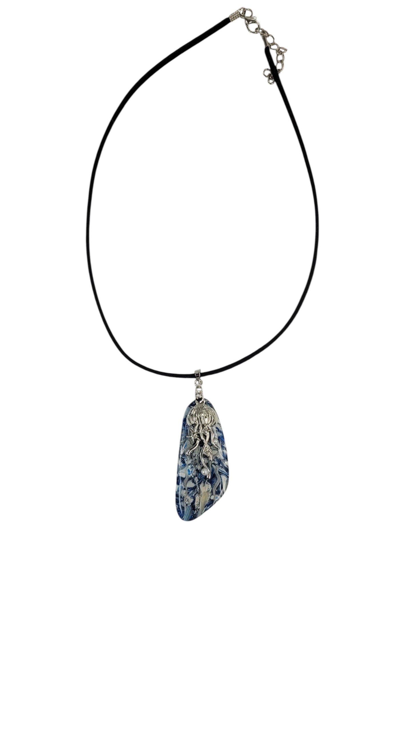 Deep navy blue and white with  silver-tone jellyfish charm Necklace