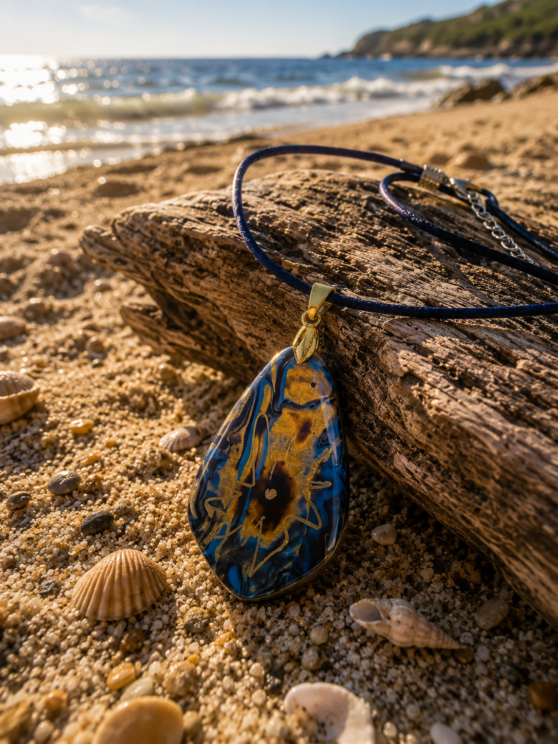 Striking teardrop with abstract flower or glowing sunburst Necklace