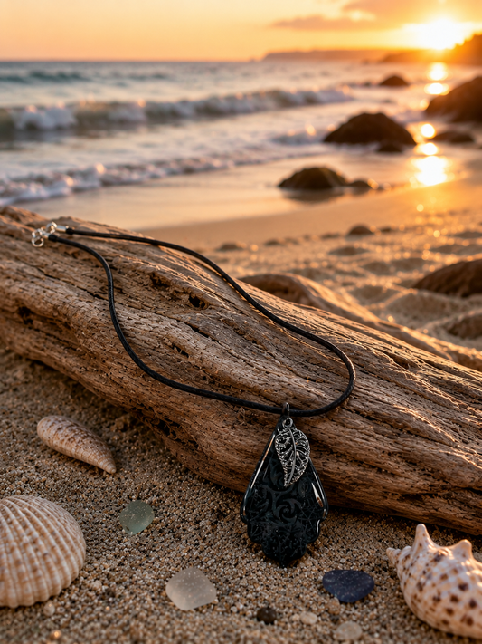 Subtle swirling shimmering patterns and black leaf charm Necklace