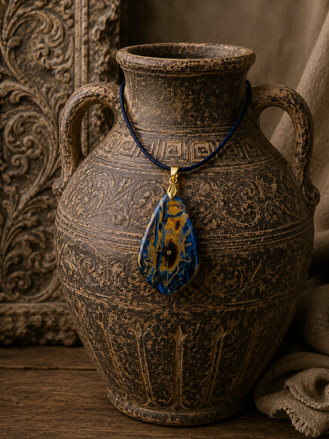 Striking teardrop with abstract flower or glowing sunburst Necklace