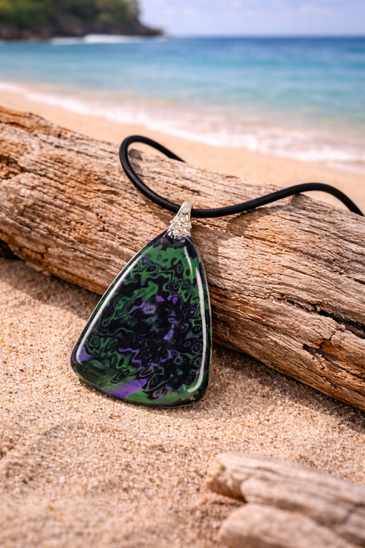 Deep greens  and violet flashes on black Necklace