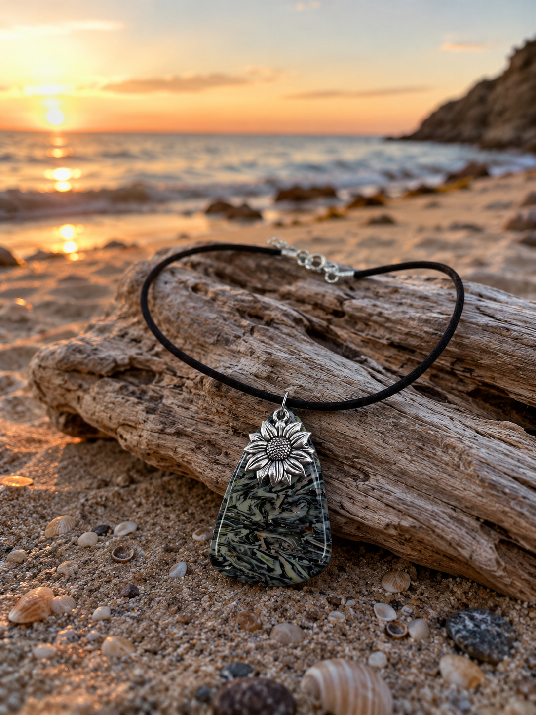 Deep marbled tones of charcoal and silver pendant with silver charm Necklace
